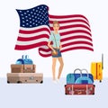 United States of America emigration vector illustration. Young woman girl emigrate to USA standing near suitcases ready