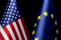 United States of America and European Union flags, concept of bilateral relations, friendship or conflict Royalty Free Stock Photo