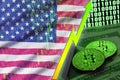 United States of America flag and cryptocurrency growing trend with two bitcoins on dollar bills and binary code display Royalty Free Stock Photo