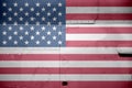 United States of America flag depicted on side part of military armored helicopter closeup. Army forces aircraft conceptual