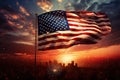 United States of America flag waving in the sunset with cityscape and fireworks, American Celebration Usa Flag And Fireworks At