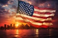 United States of America flag waving in the wind over Manhattan skyline at sunset, American Celebration Usa Flag And Fireworks At