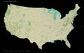 United States of America, mainland shape on black. Topo Humanita