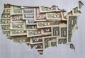 United States of America map formed with american dollars bills and gray background