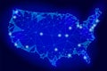 United States of America map low poly style. Connected dots communication mesh wire point line dark blue night abstract background Royalty Free Stock Photo