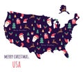 United States of America map with seamless Christmas pattern. Santa Claus, candles, deer, berries, trees. Greeting card with New Royalty Free Stock Photo