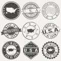 United States of America Set of Stamps. Travel Stamp. Made In Product. Design Seals Old Style Insignia. Royalty Free Stock Photo