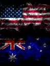 United States of America, America, US, USA, American vs Australia, Australian smoky mystic flags placed side by side. Thick Royalty Free Stock Photo