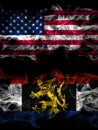 United States of America, America, US, USA, American vs Benelux smoky mystic flags placed side by side. Thick colored silky Royalty Free Stock Photo