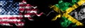 United States of America vs Jamaica, Jamaican smoky mystic flags placed side by side. Thick colored silky smoke flags of America