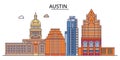 United States, Austin City tourism landmarks, vector city travel illustration