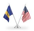 United States and Barbados table flags isolated on white 3D rendering