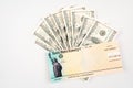 United states blank treasury check with 100 dollar bills. Royalty Free Stock Photo