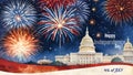 United States Capitol Building and fireworks in Washington, DC. Holiday background. American Independence Day greeting card Royalty Free Stock Photo