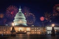 The United States Capitol, or Capitol Building (Washington, USA) with fireworks Royalty Free Stock Photo