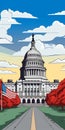 Colorized Cartoon Illustration Of United States Capitol Building In Roy Lichtenstein Style