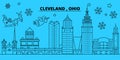 United States, Cleveland winter holidays skyline. Merry Christmas, Happy New Year decorated banner with Santa Claus