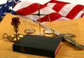 United States Constitution, Bible, scales weighing mercy and wrath, and Flag Royalty Free Stock Photo