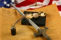 United States Constitution, quill pen, Bible, scales weighing mercy and wrath, and Flag Royalty Free Stock Photo