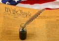 United States Constitution, Quill Pen in Inkwell, and Flag Royalty Free Stock Photo