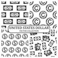 United States dollar. Collection of seamless vector patterns. Coins, cents, banknotes, bills, bank tickets. American money outline