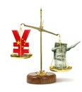 United States dollar with muscle arms outweighing a Yuan symbol on a gold scale representing a stronger US currency and economy Royalty Free Stock Photo