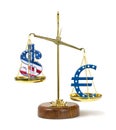 United States dollar symbol outweighed by a Euro symbol on a gold scale representing a stronger Euro currency Royalty Free Stock Photo