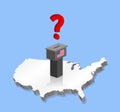 United States election results with question mark and voting ballot over 3D map