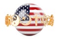 The United States flag painted on sphere with religions symbols around, 3D rendering