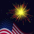 United States flag and radiant yellow red green fireworks Royalty Free Stock Photo