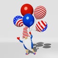 United States Independence Day gnome balloons 3D rendering. 4th of July national USA flag greeting card Labor day banner