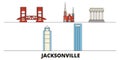 United States, Jacksonville flat landmarks vector illustration. United States, Jacksonville line city with famous travel