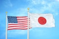 United States and Japan two flags on flagpoles and blue cloudy sky Royalty Free Stock Photo