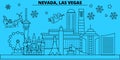 United States, Las Vegas winter holidays skyline. Merry Christmas, Happy New Year decorated banner with Santa Claus