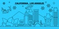 United States, Los Angeles winter holidays skyline. Merry Christmas, Happy New Year decorated banner with Santa Claus