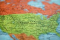 United States on a map. Selective focus on label