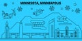 United States, Minneapolis winter holidays skyline. Merry Christmas, Happy New Year decorated banner with Santa Claus Royalty Free Stock Photo