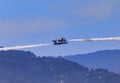 United States Navy Blue Angels aerobatic team's F-18 Hornet combat jets In flight at Fleet Week San Francisco, USA