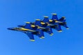 United States Navy Blue Angels aerobatic team's F-18 Hornet combat jets In flight at Fleet Week San Francisco, USA Royalty Free Stock Photo