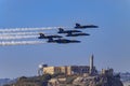 United States Navy Blue Angels aerobatic team's F-18 Hornet combat jets In flight at Fleet Week San Francisco, USA Royalty Free Stock Photo