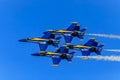 United States Navy Blue Angels aerobatic team's F-18 Hornet combat jets In flight at Fleet Week San Francisco, USA