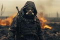 United States Navy special forces soldier in full gear and gas mask. A geared up army soldier stands and looks at the warfield, AI