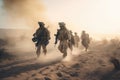 United States Navy special forces soldiers in action during a desert mission. Special military soldiers walking in a smoky desert Royalty Free Stock Photo