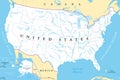 United States, longest rivers and largest lakes, political map