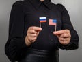 United States and Russian flags. Economic and political relations. Import export and trade war Royalty Free Stock Photo