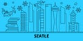 United States, Seattle city winter holidays skyline. Merry Christmas, Happy New Year decorated banner with Santa Claus