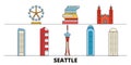 United States, Seattle flat landmarks vector illustration. United States, Seattle line city with famous travel sights