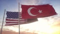 United States and Turkey flag on flagpole. United States and Turkey waving flag in wind. United States and Turkey
