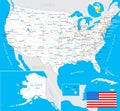 United States (USA) - map, flag, navigation labels, roads - illustration.