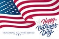 United States Veterans Day celebrate banner with waving american national flag and hand lettering text Happy Veterans Day. Royalty Free Stock Photo